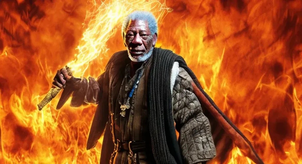 Prompt: Morgan Freeman as a pyromancer, Mage, Sorcerer, 4K, 8K, High Resolution