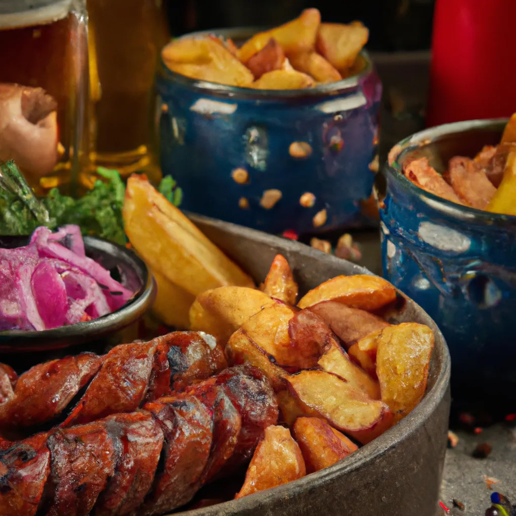 Prompt: still life photo, close up, roman banquet, ultra-realistic, beautiful delicious chunks of fried sausage with roasted onions, crinkle cut fries, the best restaurant, golden hours, studio lighting, 8k. Dramatic, professional photography. UHD    