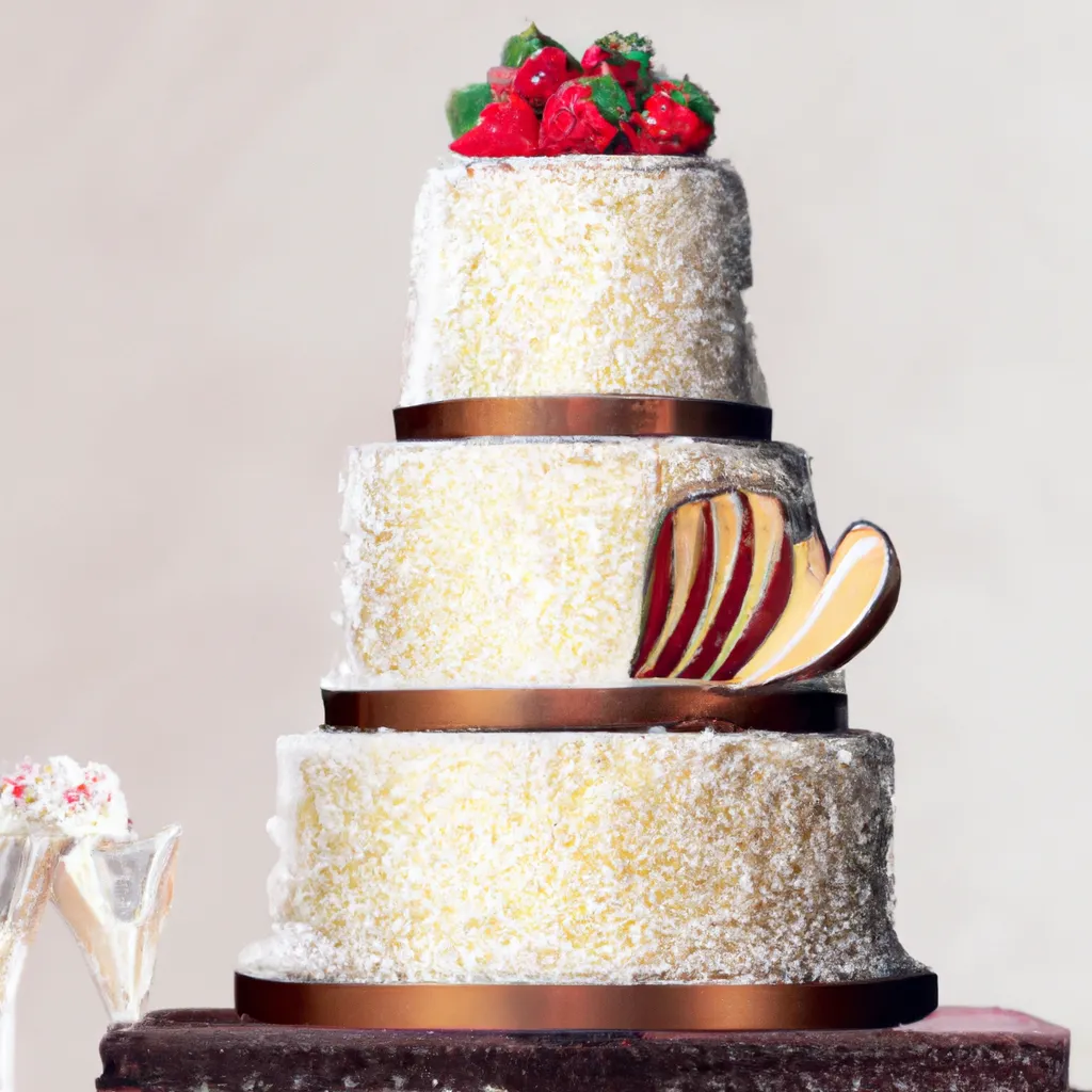 Prompt: a delicious three-story wedding cake made of white chocolate and strawberry on top, sprinkled with coconut shreds, with one piece cut away, realistic art, photo, photo realistic, ultra realistic, High details, realistic light