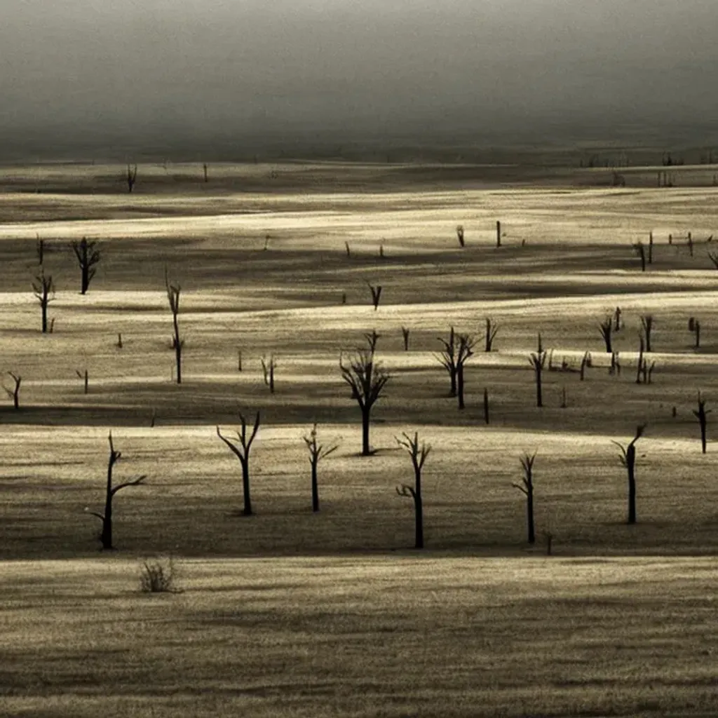 Prompt: Dark Gloomy Scenic field plains with dead thin trees in a large landscape as if it was directed by Tim Burton