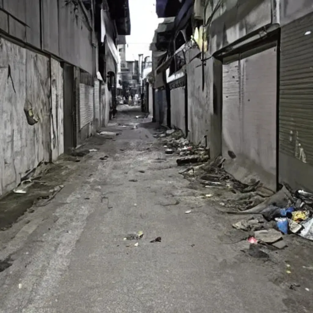 Prompt: abandoned korean street at night, creepy people standing, garbage on ground