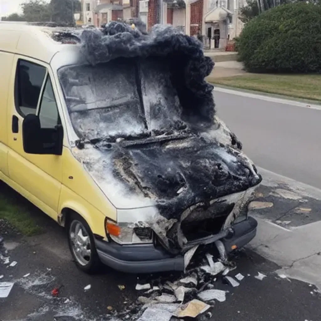 Prompt: Crushed White Van on Fire.