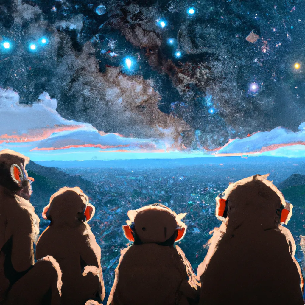 Prompt: Monkeys looking at outer space, extremely beautiful and scenic still from an anime by makoto shinkai, highly detailed