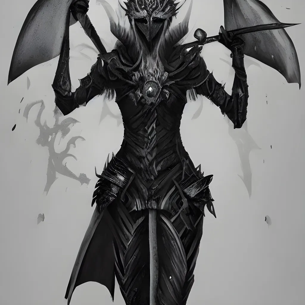 Prompt: full portrait of a queen wearing full black armor standing next to the skull of a dragon. concept art. goddess. epic. fantasy. targaryen. a song of ice and fire. game of thrones. trending on artstation. unreal engine. god's rays. monotone. detailed. 