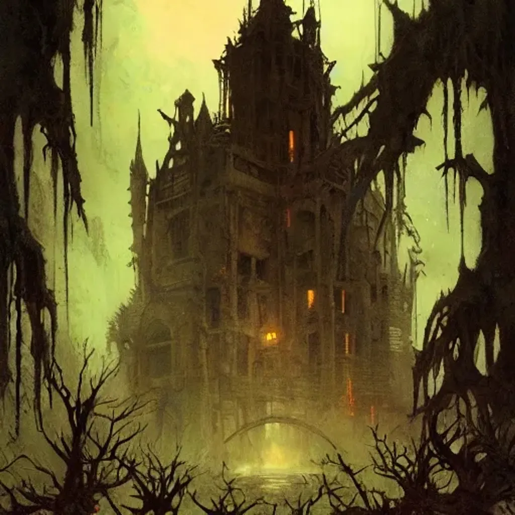 Prompt: Close up of an evil spooky haunted mansion in an eerie swamp with ghosts, in the style of Frazetta, Juan Gimenez, Darek Zabrocki, Moebius, Russ Mills, Carne Griffiths, oil matte painting, cyberpunk, atompunk, volumetric dust, pulp manga illustration, photorealism, raking moonlight , cinematic lighting, octane render, chiaroscuro