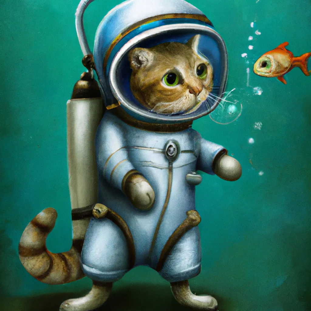 Prompt: High Detailed painting of Underwater cat in diving bell suit looking at fish