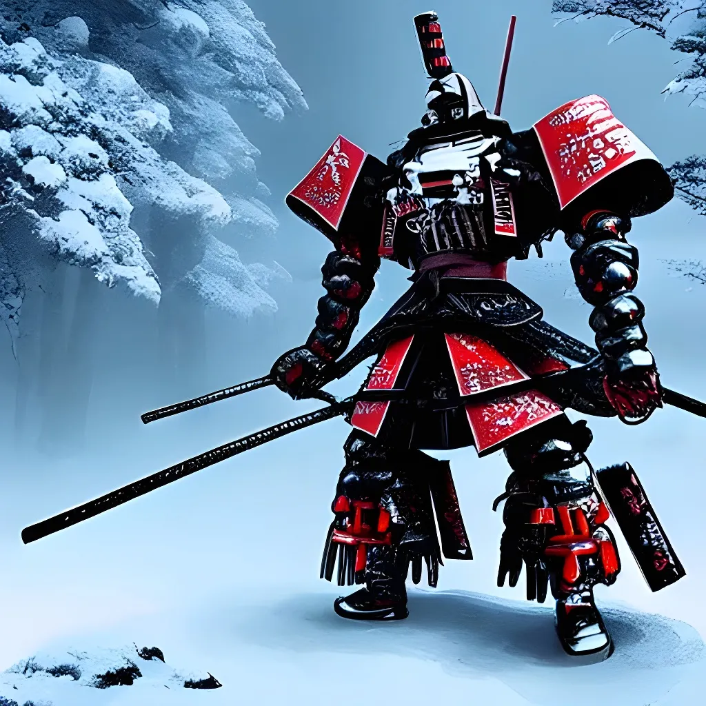 Prompt: Japaneses mech samurai  in the snowy mountain, grim and ghastly atmosphere, macabre art, digital art, video game art