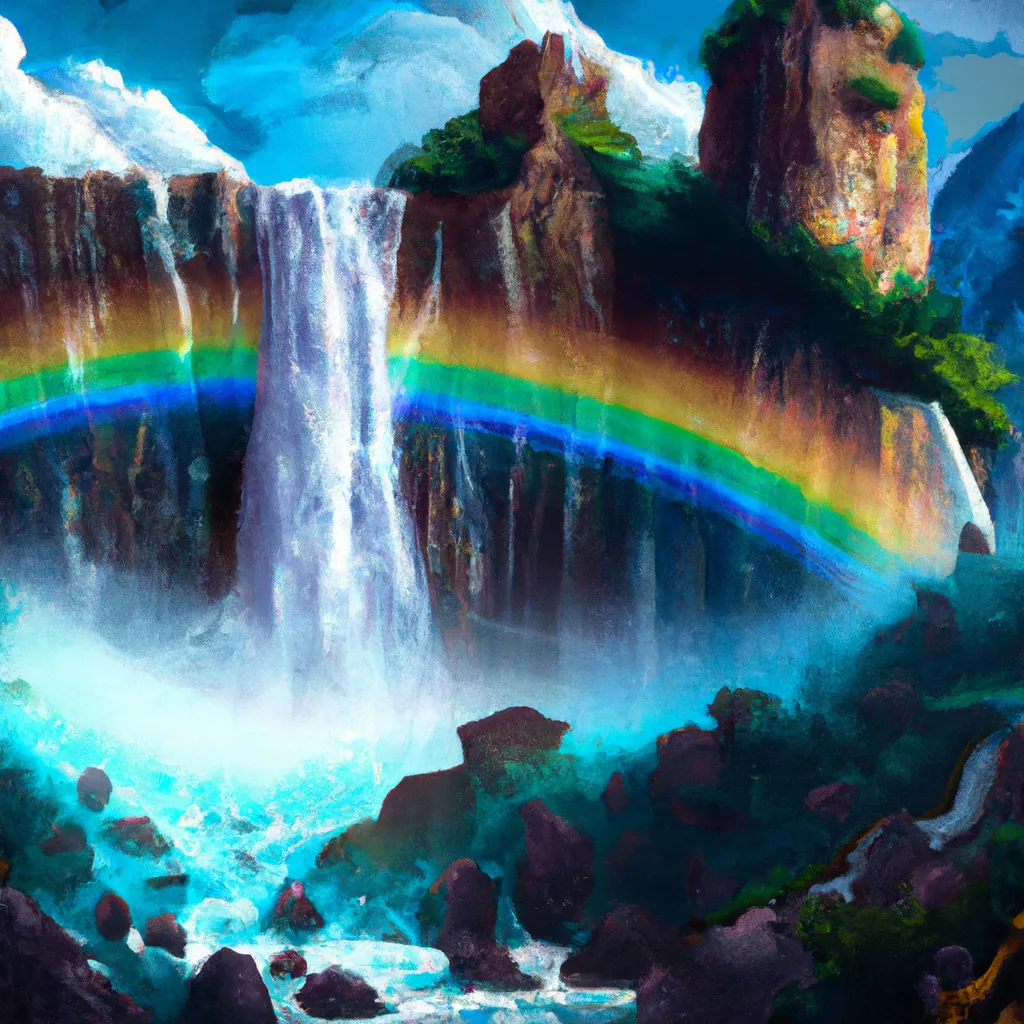 Prompt: crazy waterfall with rainbow colors, and a huge mountain with big one crazy eye,artstation