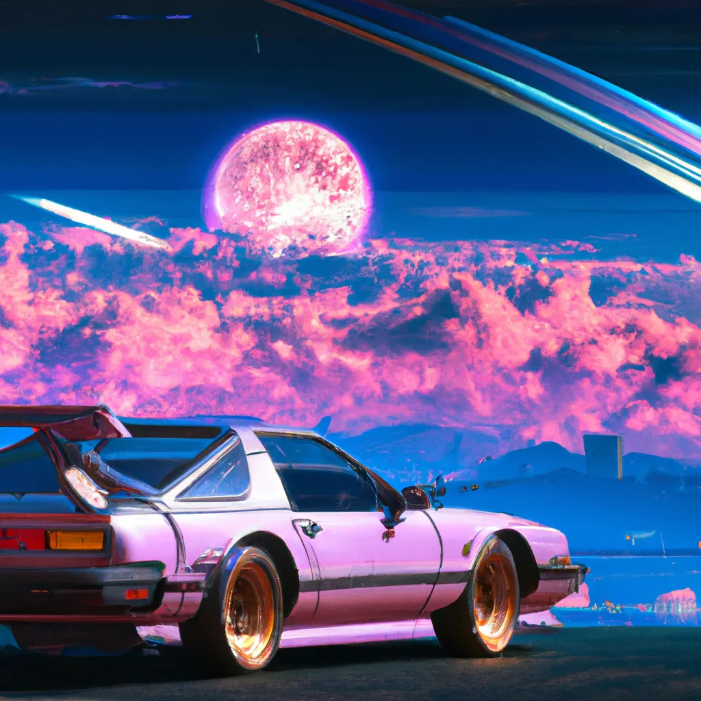 Prompt: a beautiful view of imperial japan, spiral galaxy, vaporwave, gorgeous vintage sports car, hiroshi nagai clouds, giant moon in the background, intricate, insane level of detail, cinematic, composition, nostalgia and abstract, artstation HQ, 16k