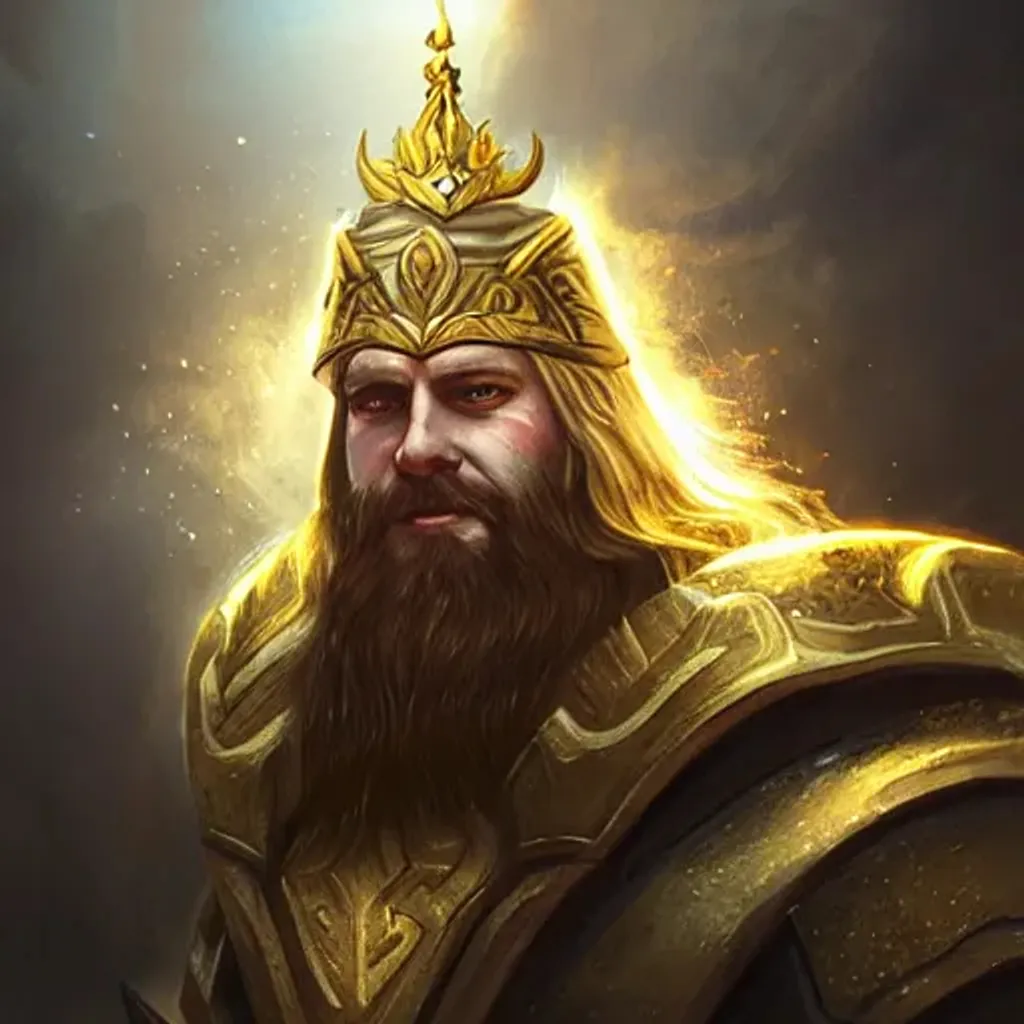 Prompt: Thunor with gold crown, sun paladin, artstation, close up portrait, epic fantasy art with mjolnir 
