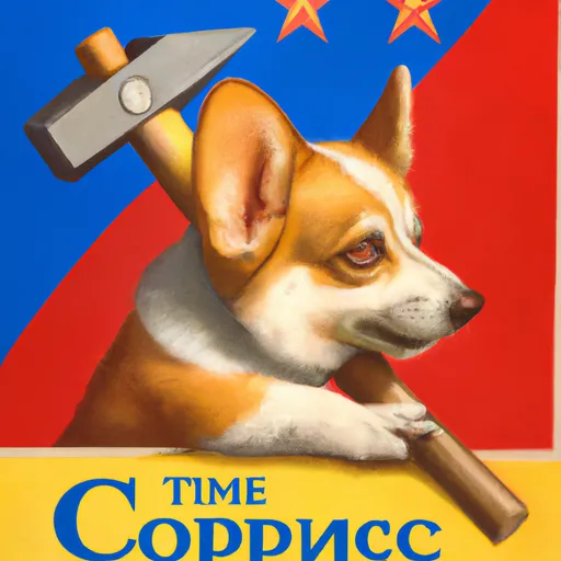 Prompt: Soviet propaganda poster featuring a corgi holding a hammer