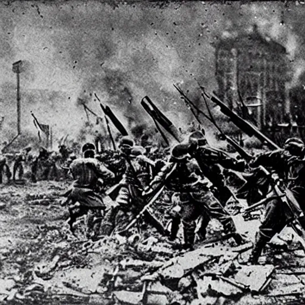 Prompt: Soviet troops charge into battle in a destroyed city Saint Petersburg 1920