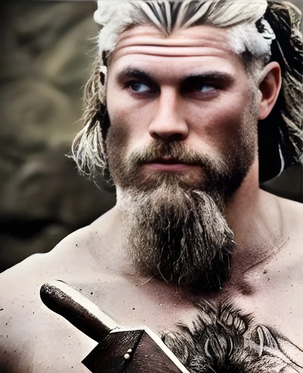 Prompt: photo of an extremely ruggedly handsome Viking man, muscular, no armor, runic tattoos, wielding a big Viking axe, ashen white hair, no beard, piercing beautiful blue eyes, realistic, very high details, ultra-realistic, photorealistic, realism, intricate details, highly detailed, 64k, dramatic lighting, sharp focus, maximum texture, octane render, hdr, ray tracing, studio light, hyperrealistic, very detailed, full body shot