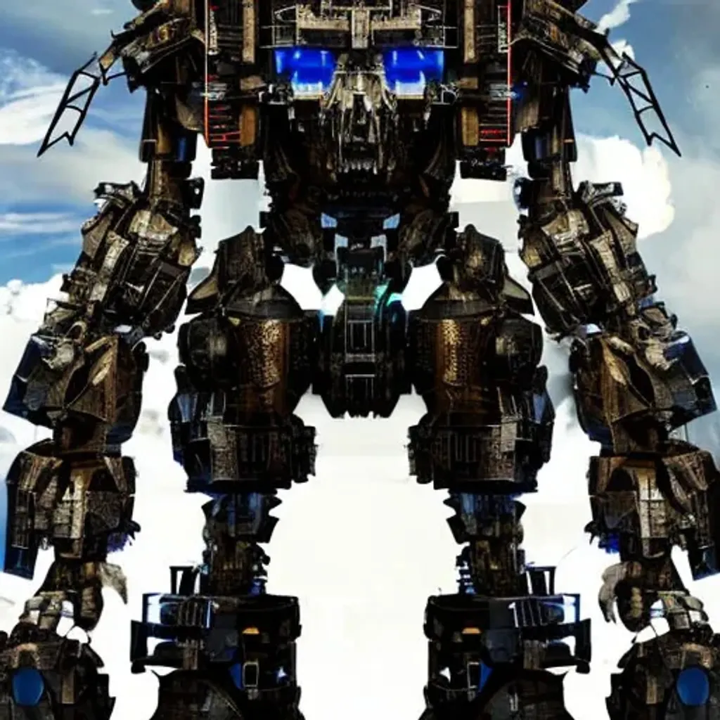 Prompt: a giant mech made out of scrap with glowing eyes digital art full body scary hyper-realistic intimidating 