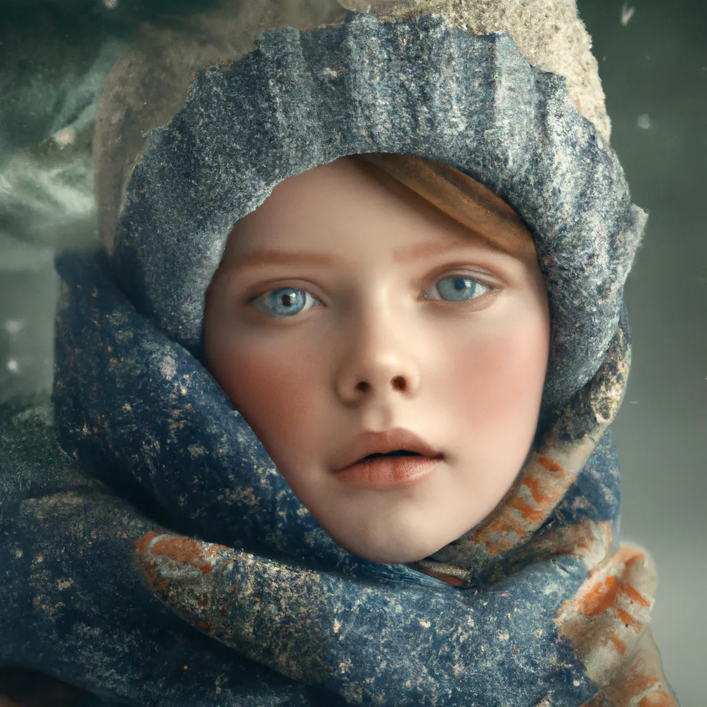 Prompt: close-up portrait of a beautiful child wearing hat scarf and mittens, christmas trees, snowing, award wining photography, hyperdetailed, raphael, caravaggio, casey weldon, peter mohrbacher, sony A7iii, 85mm prime, f/1.8, hyperrealistic, trending on artstation