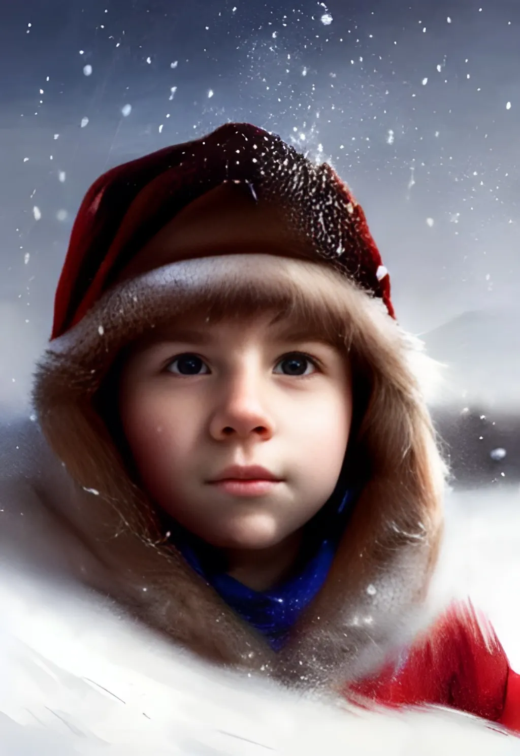 Prompt: Portrait of boy child with brown hair and with cute face, north pole snowy vibe , perfect composition, hyperrealistic, super detailed, 8k, high quality, trending art, trending on artstation, sharp focus, studio photo, intricate details, highly detailed, by greg rutkowski