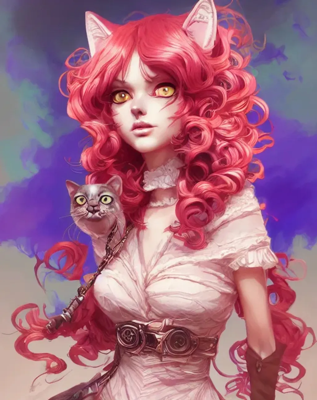 Prompt: anthropomorphic cat with curly pink hair, ominous, powerful, scary, upper body and head, elegant, atmospheric, and detailed, dramatic, digital painting, artstation, smooth, sharp focus, illustration, art by wlop and royo and artgerm