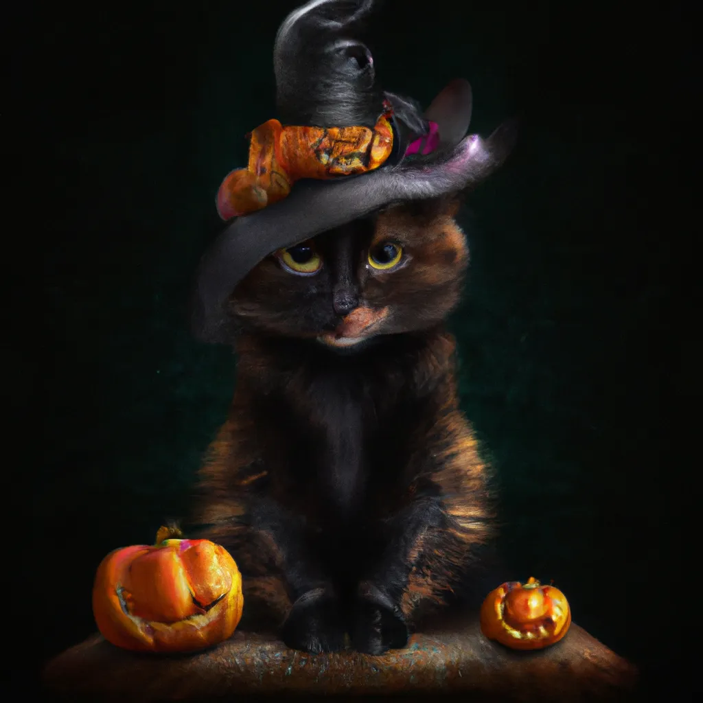 Prompt: Halloween theme. Cute black cat wearing a Halloween witch hat precious moments figurine , digital art, pumpkin heads, perfect composition, beautiful detailed intricate insanely detailed octane render trending on artstation, 8 k artistic photography, photorealistic concept art, soft natural volumetric cinematic perfect light, chiaroscuro, award winning photograph, masterpiece, oil on canvas, raphael, caravaggio, beeple, beksinski, H.R.Giger, Vanasthali 