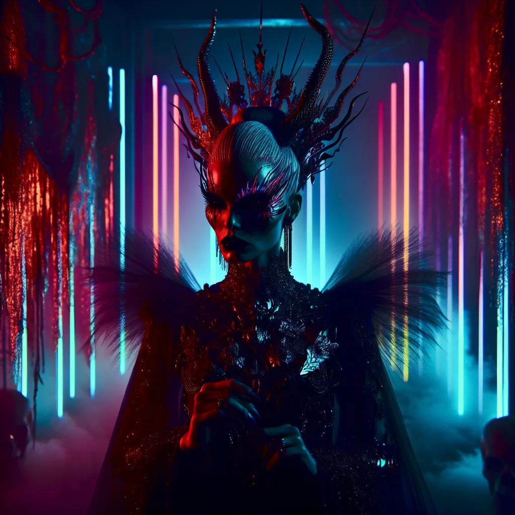 Prompt: Beautiful female demonic figure in a gothic vaporwave setting, neon lights casting a dramatic glow, retro aesthetic, high definition, dramatic lighting, demonic, high quality, liminal, vivid colors, detailed features, atmospheric, haunting vibe, surreal, retro-futuristic, intense gaze, otherworldly, dark and unsettling, eerie