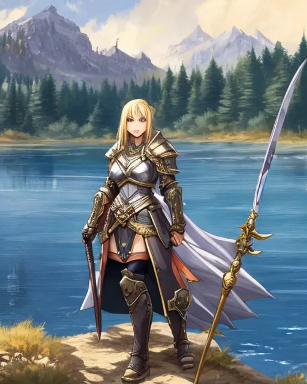 Prompt: A full body portrait of a female paladin beside a lake, blonde hair, Akihiko Yoshida, concept art, very detailed, tone mapping, matte