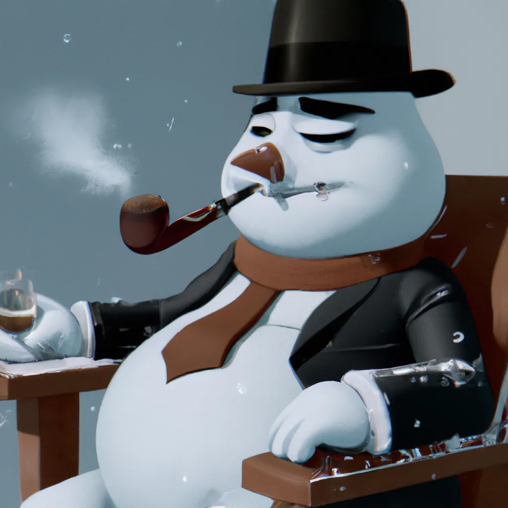 Prompt: Mafia snow man boss smoking a cigar, digital art, high end rendering, hyperrealistic animation