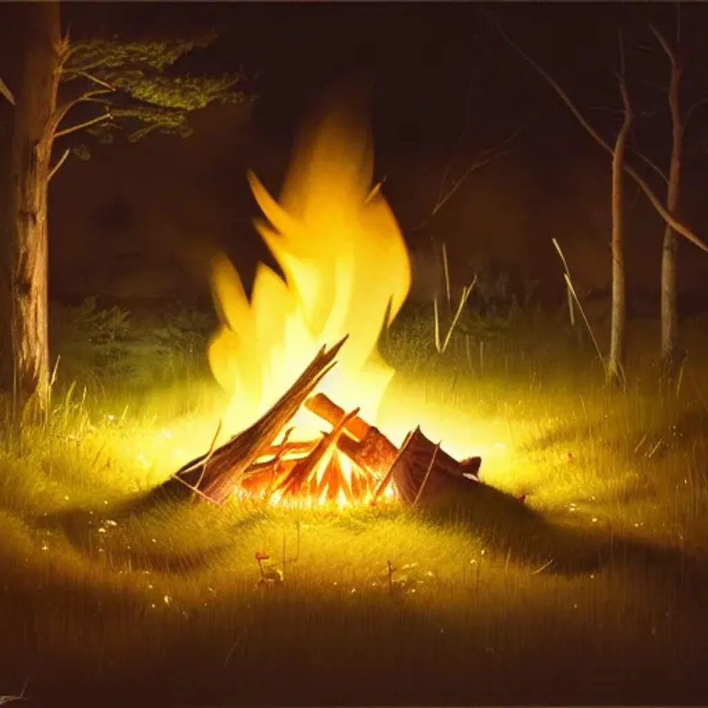 Prompt: a campfire in a grassfield during the night, perfect composition, hyperrealistic, super detailed, 8k, high quality, trending art, trending on artstation, sharp focus, studio photo, intricate details, highly detailed, by greg rutkowski