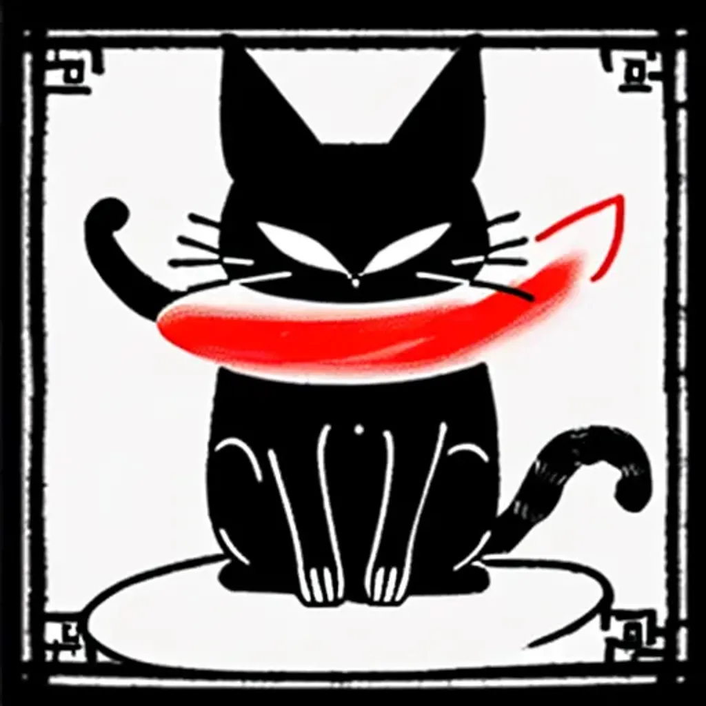 Prompt: importance as of order in this order: cat, philosophy, only black red and white, very simple, logo, demonic, religious, very symbolic in everything, anime, very little Japanese symbolism, polite, many details. Philosophical