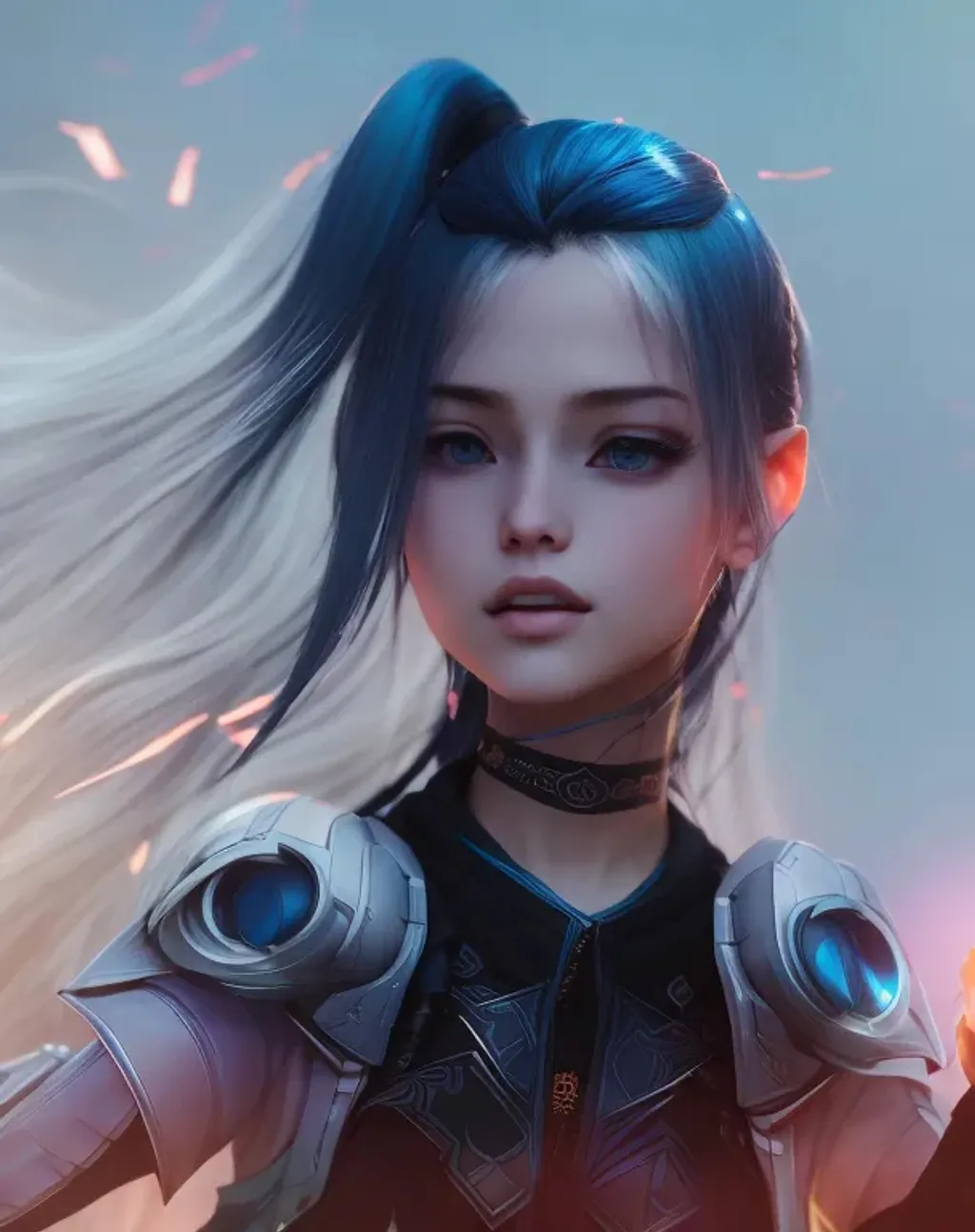 Prompt: (((arcane))), arcane style, full body highly detailed intricate stunning photorealistic symmetrical portrait of a pretty adorable young cute teenager girl looking into camera girl with long blue tails hair and blue eyes wearing cyberpunk clothes. character design by fenghua zhong, ryohei hase, ismail inceoglu and ruan jia artstation, volumetric light, detailed, photorealistic, fantasy, full body highly detailed intricate stunning photorealistic symmetrical portrait, by artgem and artstation and greg rutkowski, cinematic lighting, 4k, 8k, rtx, rait racing, uhd, hyperrealistic, reflections, cgsociety, unreal engine, ambient occlusion, hd, centered, in frame