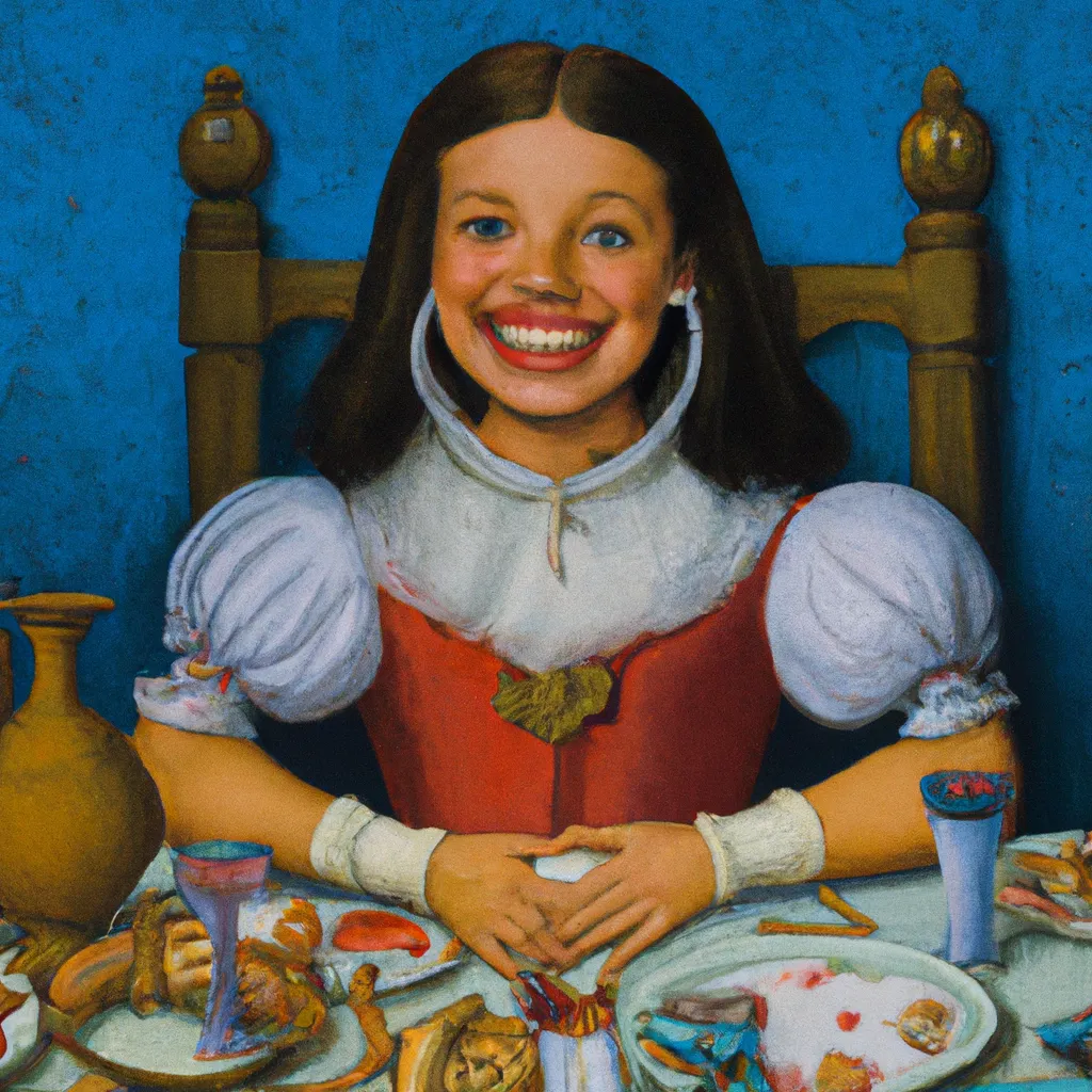 Prompt: Happy Girl With Big Buck Teeth at Dinner, Flemish Style Painting.