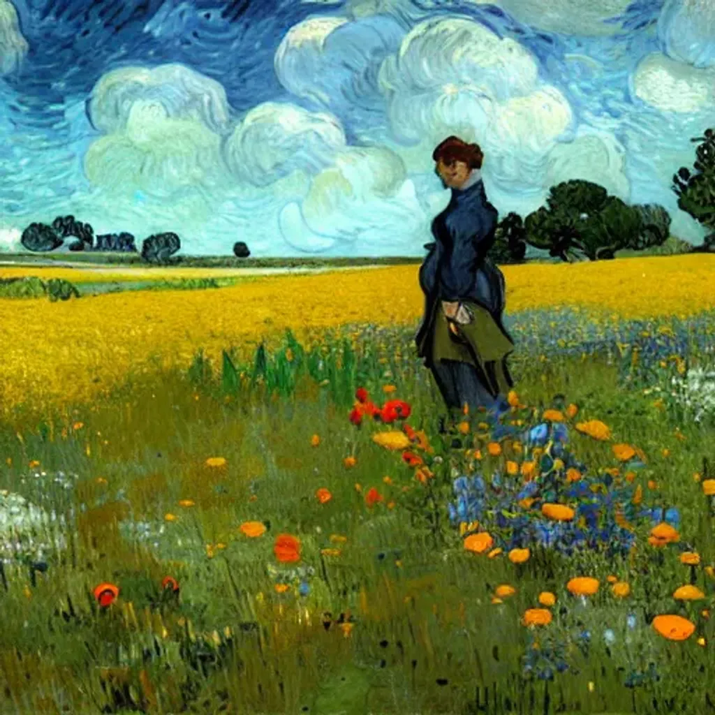 Prompt: poppies, dandelions and marguerites in meadows covering small hills sunny sky vincent van gogh, zx spectrum color palette, anatomy, only two hands, highly detailed, digital painting, artstation, concept art, smooth, sharp focus, illustration, Unreal Engine 5, 8K, art by art by artgerm and greg rutkowski and edgar maxence.