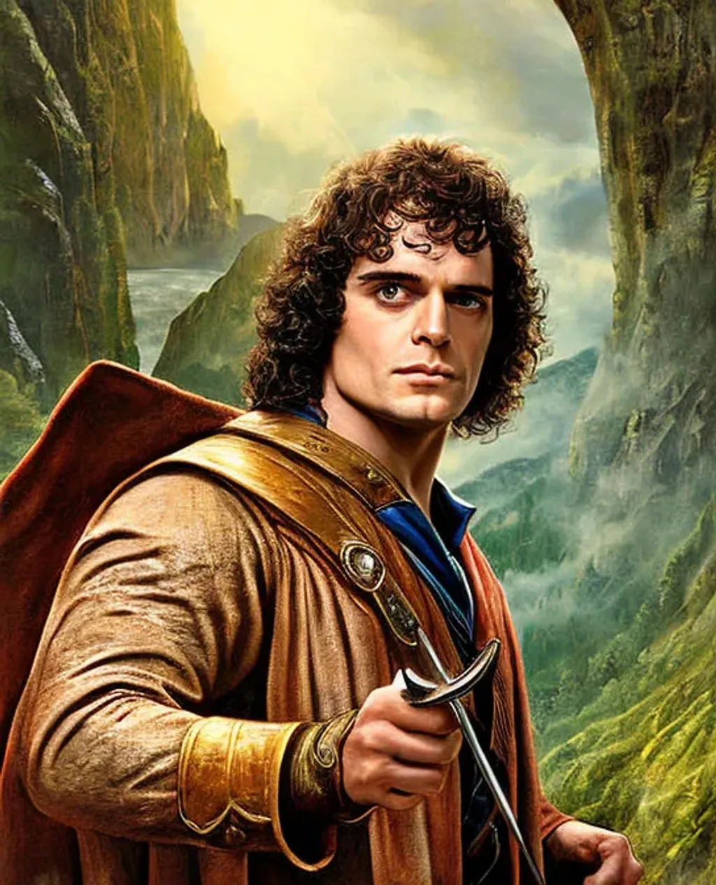 Prompt: picture of ((Henry Cavill) as frodo baggins) in hobbit attire, realistic, hyper realism, art style by john howe, ambient lighting, fantasy, ultra realistic, intricate, highly detailed, rich color, vibrant, lifelike, photorealistic, digital painting, sharp focus, illustration
