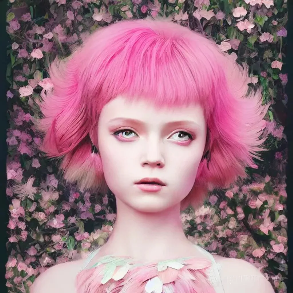 Prompt: beautiful little girl with an pink excentric haircut wearing an dress made of feathers, artwork made by ilya kuvshinov, inspired by donato giancola, hd, ultra realistic, reflection, flowers, light, realistic face 