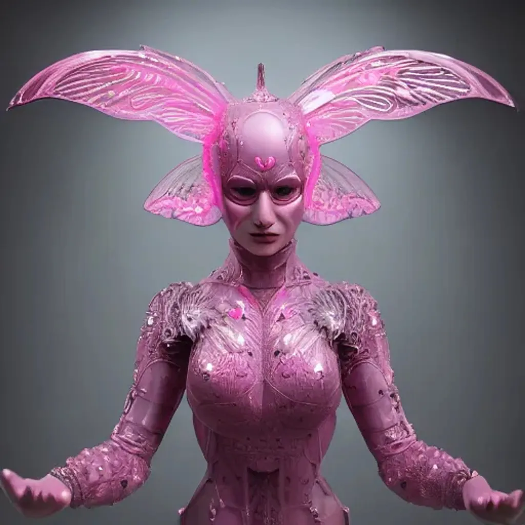 Prompt: portrait of shiny pink bio - mechanical batman female with translucent wings, highly detailed, intricate translucent ivy, ornate,plasma, surreal, ornate, 3D render, digital art, octane render, 8K artistic photography, photo-realistic, by Dora Maar