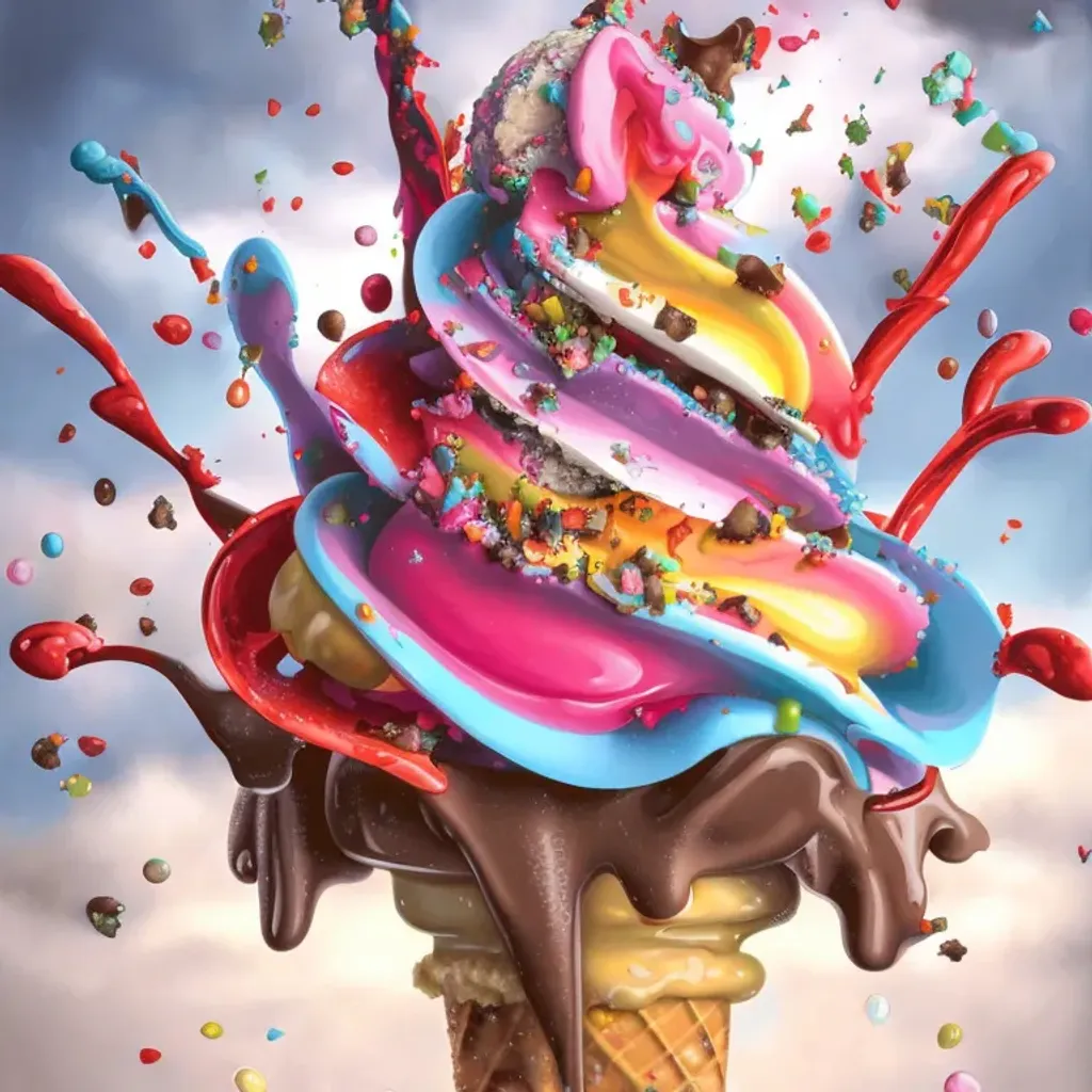 Prompt: Epic portrait of a wonderful Italian ice cream in a candy shop" : artwork By Joe Fenton, Alejandro Burdisio, Greg Tocchini, Jean Baptiste Monge : highly detailed : hyperrealistic : Splash art : volumetric lighting : Portrait in colors
