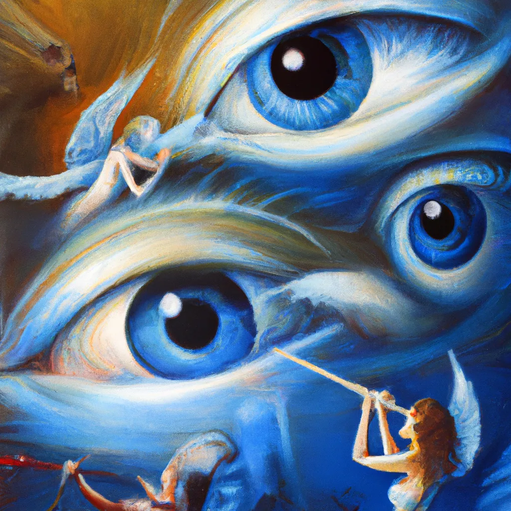 Prompt: The Angel's Beutiful Eye in Heaven, angels playing harps, a sharp, detailed, textured oil painting by Salvador Dali