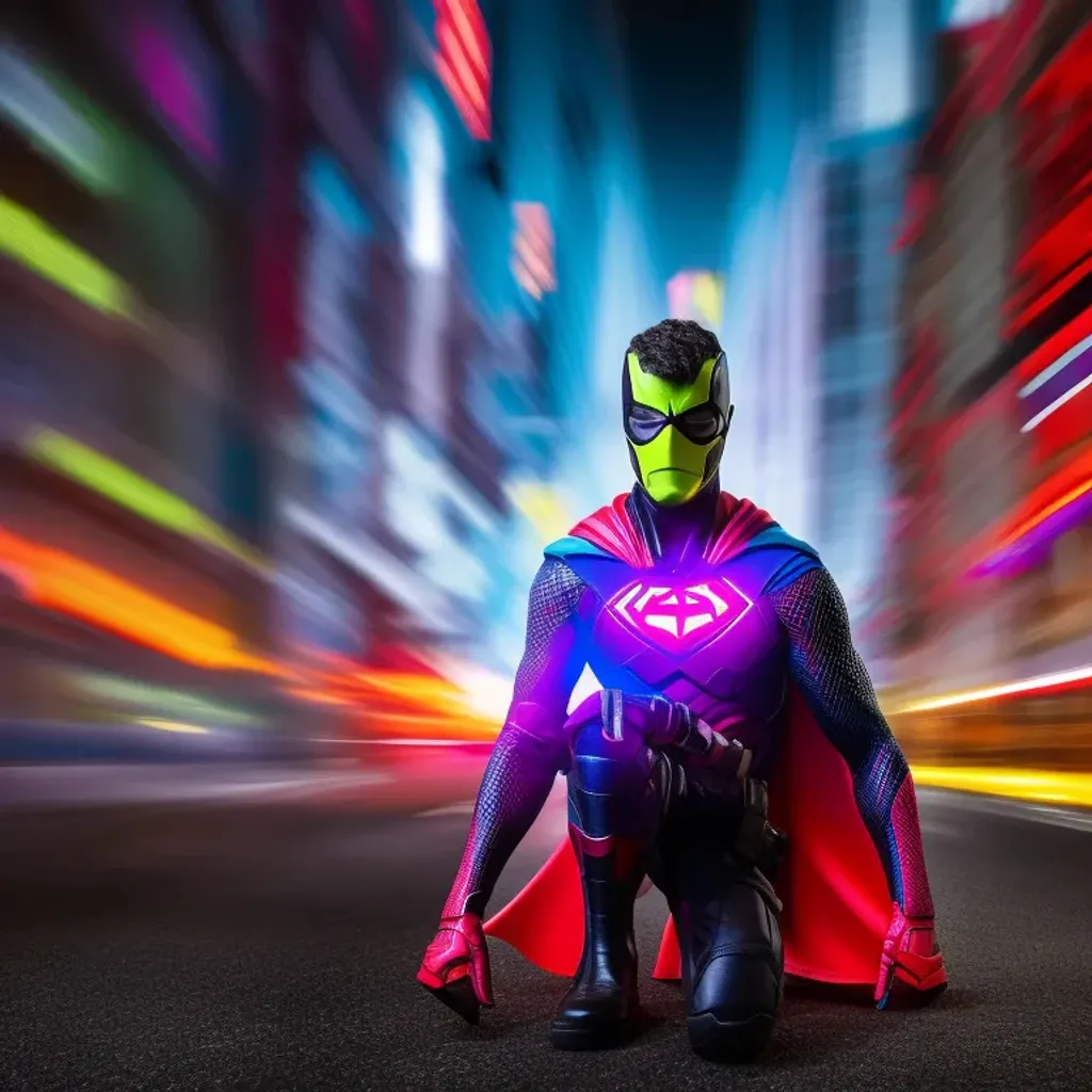 Prompt: Vivid Neon Colors, Portrait Photo of a Man Superhero, Long shot, action scene, highly detailed, intricate detail, Cityscape, highly detailed