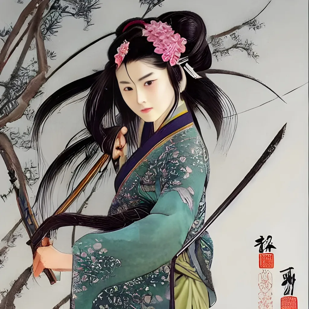 Prompt: An epic fantasy wuxia illustration portrait of a beautiful Chinese female cultivator wearing military hanfu doing a sword dance in the rural mountainside, long hair, full body XIANXIA, manga, Chinese temple, intricate linework, depth of field by Yoji Shinkawa 4k -n 4 -i, pi, artstation, pixiv, artgerm, unreal engine, masterpiece, bright colours