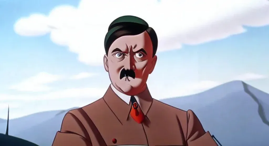 Prompt: Adolf Hitler, in an 1984 traditionally animated movie, 2D cel animation