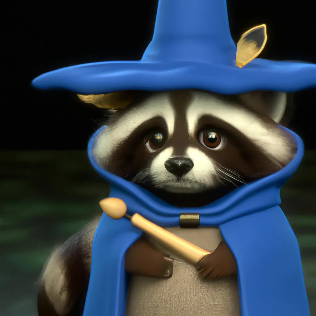 Prompt: high quality very cute fluffy! raccoon, blue wizard robes and hat, vray smooth, in the style of pixar, uhd 8 k, sharp focus, dungeon master, dungeons and dragons, cute, adorable, pixar, disney, concept art, animation