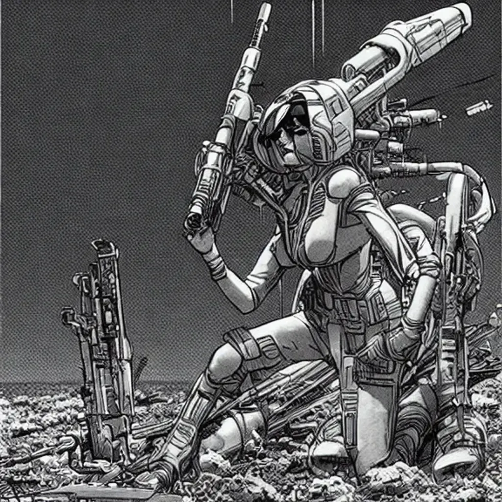 Prompt: Woman with dark hair aiming rifle wearing battlesuit kneeling in alien dessert next to destroyed alien craft, by Makoto Kobayashi, by Moebius, by Jean Giraud, manga, anime style, 80's, Intricate, Hand drawn, concept art, grainy color, dim lighting, Anime Key Visual, beautiful composition