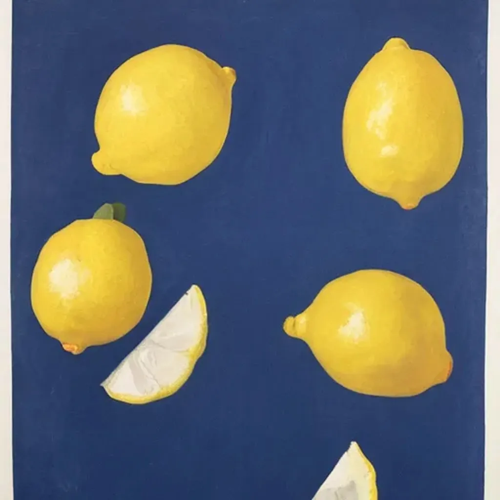 Prompt: lemons on a deep blue background. By [Hilma af Klint|Ethel Carrick Fox]. Flat Fabric print