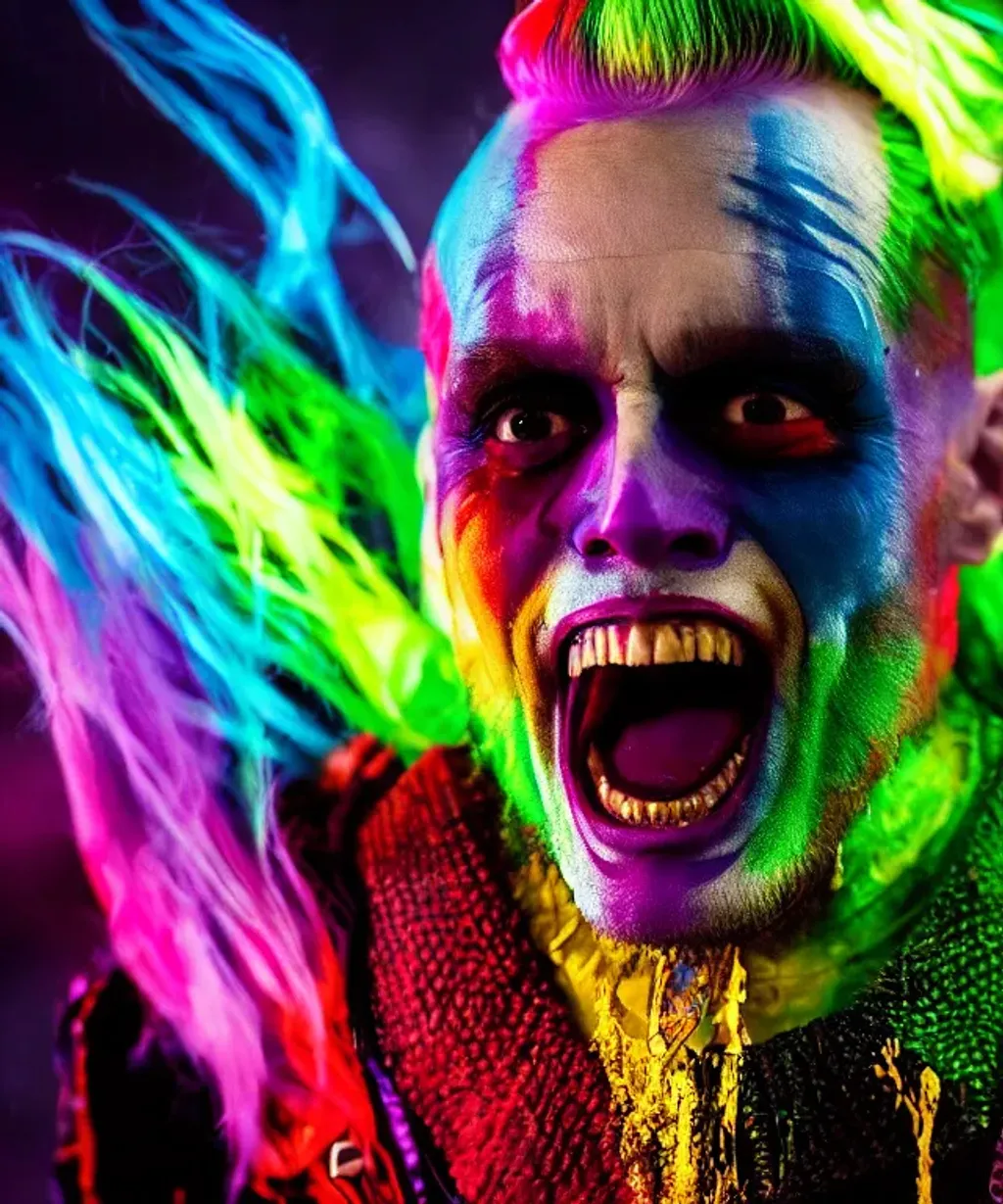 Prompt: vivid dripping colors Jered Leto as Joker Crome Teeth Suicide Squad vivid color street level action scene low angle masterpiece, cinematic, dramatic, Artstation, by Frank Frazetta, by H.R. Giger, by Mark Brooks, Octane render, Unreal Engine, by Wētā FX, by WLOP, Filmic, Photography, Photoshoot, Ultra-Wide Angle, Depth of Field, DOF, F/2.8, 5-Dimensional, Everdimensional, Alldimensional, 8K, 32k, Megapixel, CMYK, Adobe RGB, HSV, ProPhoto RGB, Rim Lights, Marquee, Stroboscope, OLED, AMOLED, Quantum Dot Display, Global Illumination, Ray Tracing Global Illumination, Ambient Occlusion, Translucidluminescence, Shadows, Chromatic, Prismatic, Lumen Reflections, Parallax, Quantization, Edge Detection, Textured, Convolution Matrix, Harris Shutter, FXAA, Post Processing, SFX, insanely detailed and intricate, hypermaximalist, elegant, ornate, hyper realistic, super detailed, poster, sharp focus, hyperrealism, insanely detailed, lush detail, filigree, intricate, crystalline, perfectionism, max detail, 4k uhd, spirals, tendrils, ornate, HQ, hard edge, breathtaking, mdjrny-v4 style, highly detailed, tarot card, symmetry, character design, professional