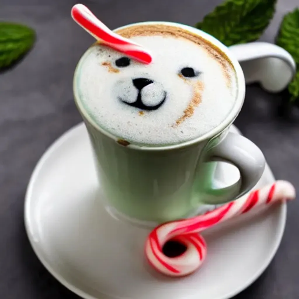 Prompt: A peppermint latte with polar bear latte art, plate garnished with a candycane and mint leaves