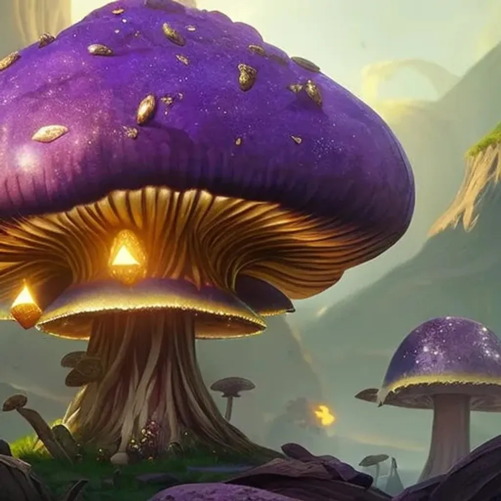 Prompt: a very beautiful highly detailed, (giant treasure gold and purple amythyst mushroom with sapphire gem small mushrooms beneath it, super dynamic lighting,hyper-realistic,photo-realistic, 8k:1.3), by andree wallin and Ross Tran, rossdraws, fantasy concept art, fantasy art, epic fantasy card game art, full art illustration, trending on Artstation