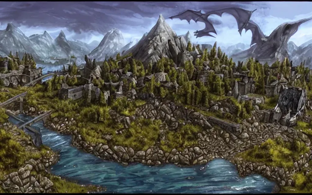 Prompt: landscape, video games, elder scrolls, skyrim, whiterun, morrowind, blades, swords, fantasy, dragons, mountains, fields, trees, retro, tall trees, river, water, color blue, color green, ariel view, blue sky, bright blue, bright green, battle, warriors, mages, wizards, witches, orcs, trolls, fantasy city in the distance, day time, bright, 80s dark fantasy film, 80s dark medieval film, 80s fantasy film, 80s medieval film, fantasy village, fantasy castle, fantasy stronghold, fantasy city, fantasy video game, townsfolk, dragons, tamriel, cyrodiil, fantasy buildings, defined fantasy city, riverwood, dragon bridge, Karthwasten, dragonborn, dragonborn battling alduin