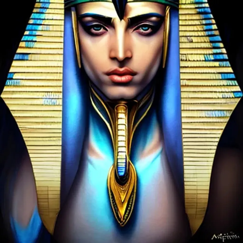 Prompt: Closeup face portrait of a handsome male egyptian pharaoh, blue black hair, Nemes headdress, smooth soft skin, big sensual eyes, beautiful intricate jeweled hair, symmetrical, anime wide eyes, soft lighting, detailed face, by stanley artgerm lau, wlop, frank frazetta, rossdraws, boris, sorayama, concept art, digital painting, looking into camera, straight on, 4k, hyperrealistic