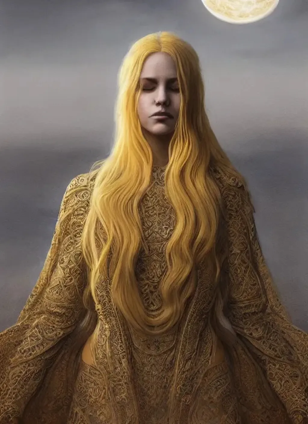 Prompt: Portrait of {the king in yellow female} with {blond} hair and with cute face, {moon}, perfect composition, hyperrealistic, super detailed, 8k, high quality, trending art, trending on artstation, sharp focus, studio photo, intricate details, highly detailed, by greg rutkowski