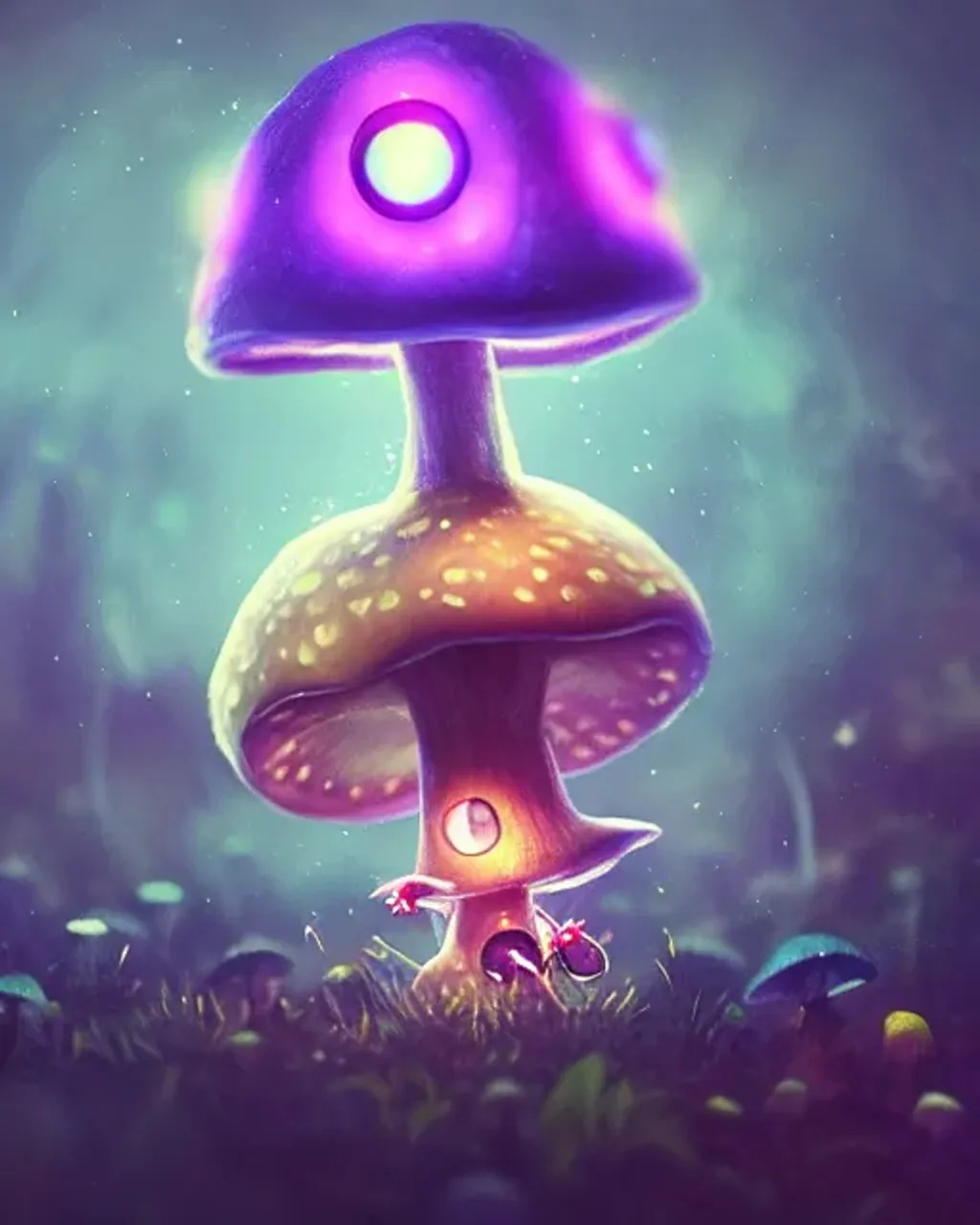 Prompt: cute mushroom creature, large adorable anime eyes, concept character art, bokeh effect, magical lighting, weed, lsd, beautiful glowing lights, bio-luminescence, sci - fi, stunning, intricate. highly detailed, digital painting, 32k poster art, trending on artstation. smooth. sharp focus. octane render, rendered in hyperion, professional award-winning illustration, matte painting by pixar, luke chueh, matt dangler, greg rutkowski, dan mumford