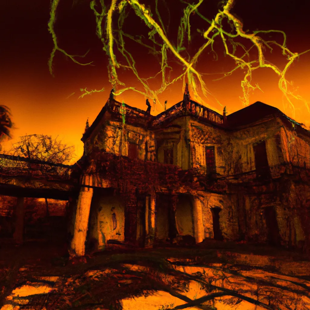 Prompt: An old abandoned palace that is falling apart, shadows, twisted vines, orange lighting, midnight, spiders, ominous, halloween, full moon, storm, lightning, full shot, wide shot, zoom out, oil painting