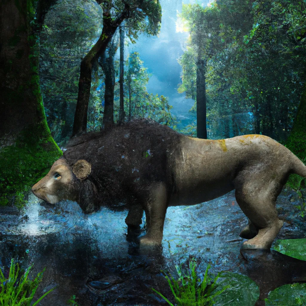 Prompt: a photo realistic render of a lion drinking from a river in a rain forest